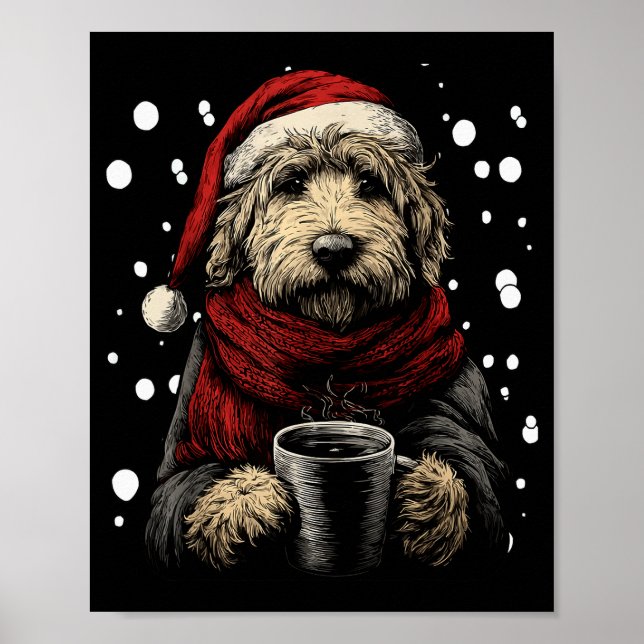 Póster Christmas Goldendoodle Santa Hat Coffee Lover Funn (Frente)