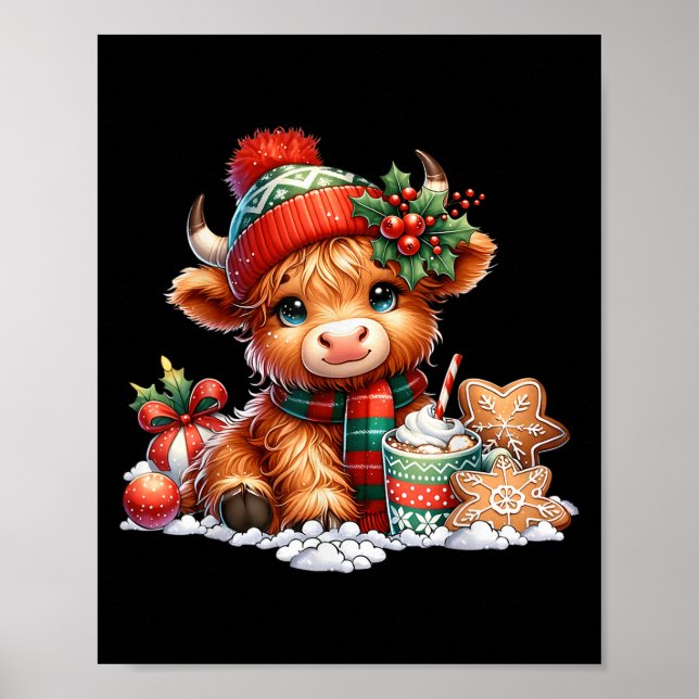 Póster Christmas Highland Cow Cute Heifer Cow Santa Hat M (Frente)