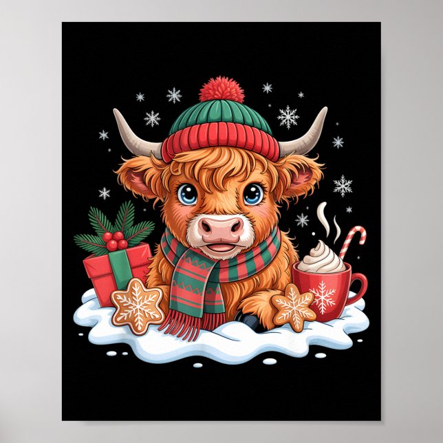 Póster Christmas Highland Cow Cute Heifer Cow Santa Hat M (Frente)