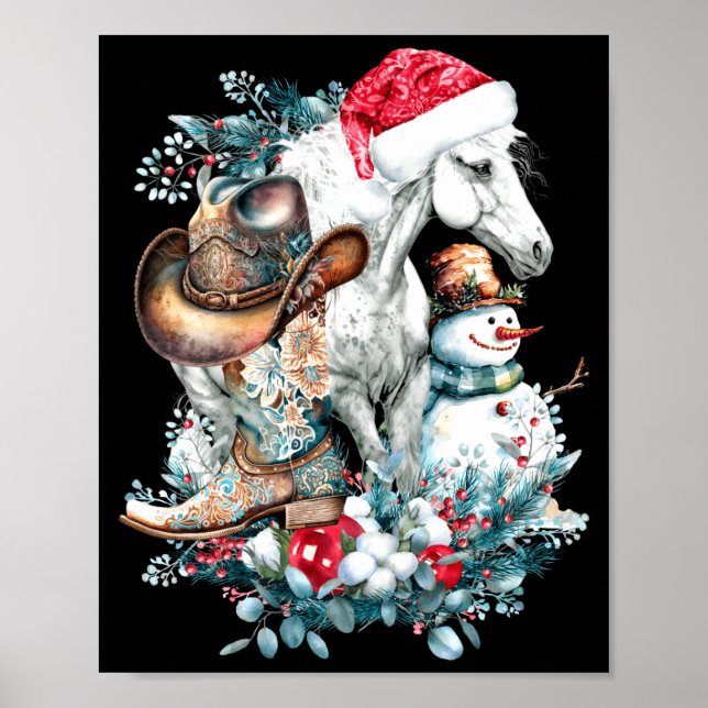 Póster Christmas Horse In Santa Hat Cowgirl Cowboy Boots  (Frente)
