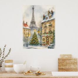 Póster Christmas in Paris Watercolor Eiffel Tower Scene