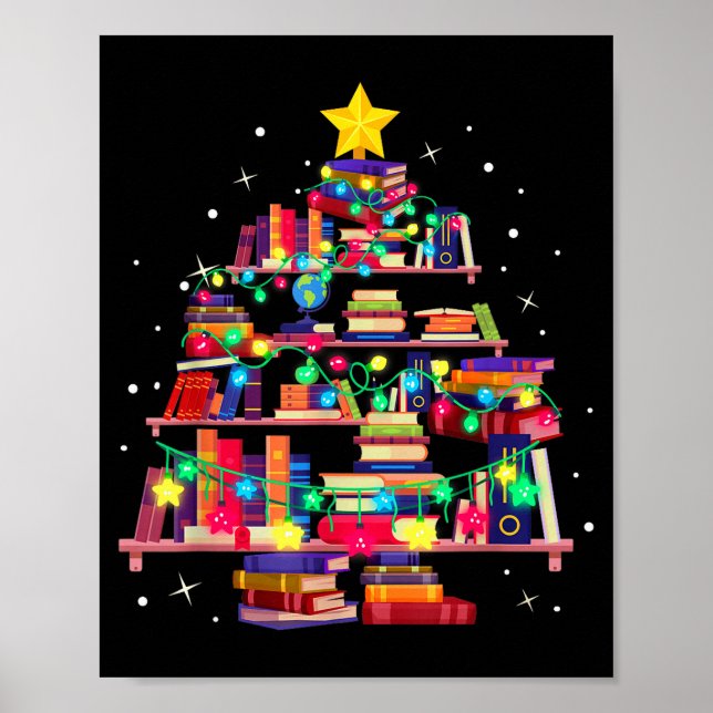 Póster Christmas Library Tree Love Reading Books Nerd Tea (Frente)