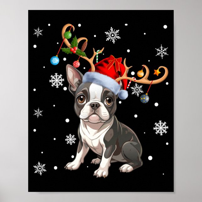 Póster Christmas Light Reindeer Santa Hat Boston Terrier  (Frente)