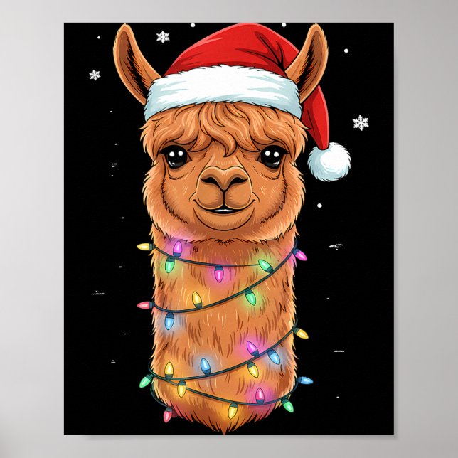 Póster Christmas Lights Alpaca Santa Hat Llama Cute Xmas  (Frente)