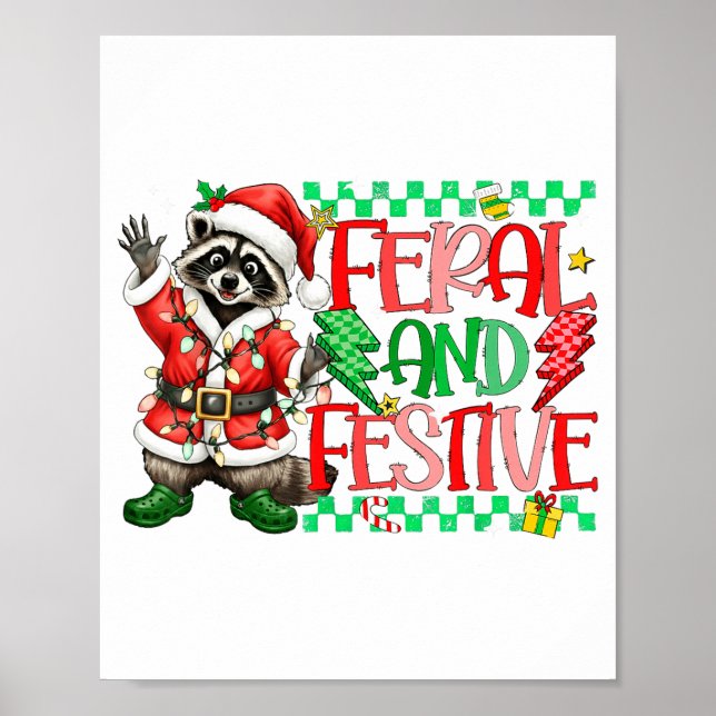 Póster Christmas Lights Feral But Festive Funny Raccoon S (Frente)