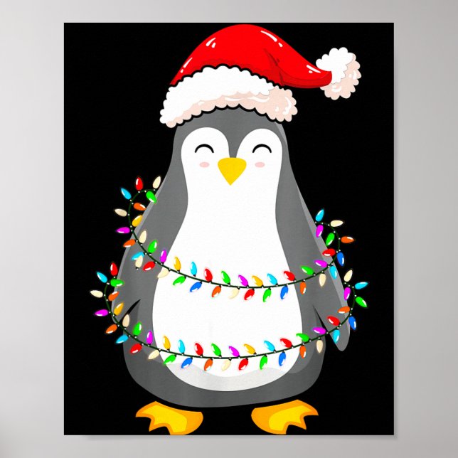 Póster Christmas Lights Penguin Wearing Xmas Hat - Pengui (Frente)