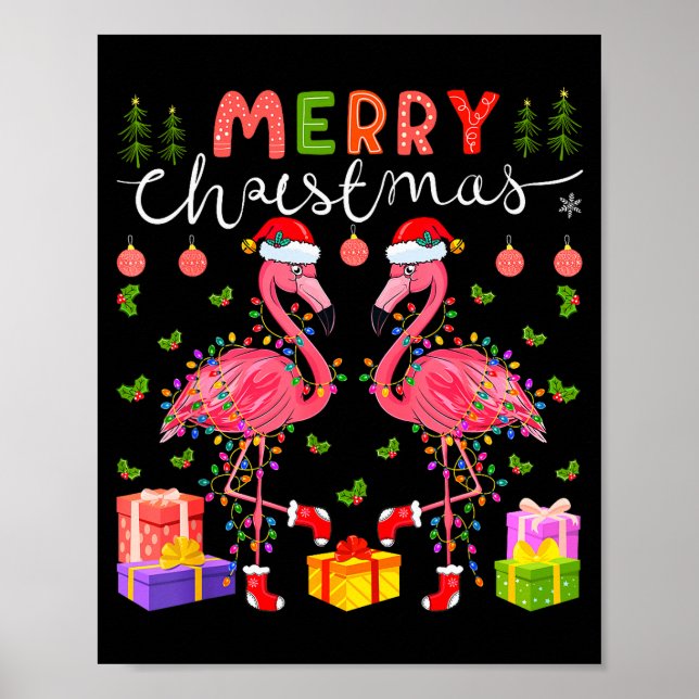 Póster Christmas Lights Xmas Flamingo Lover Santa Hat Fla (Frente)