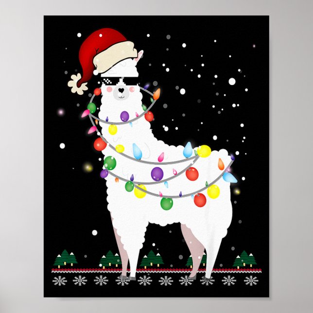 Póster Christmas Llama Santa Hat Ugly Xmas Tree Alpaca Gi (Frente)