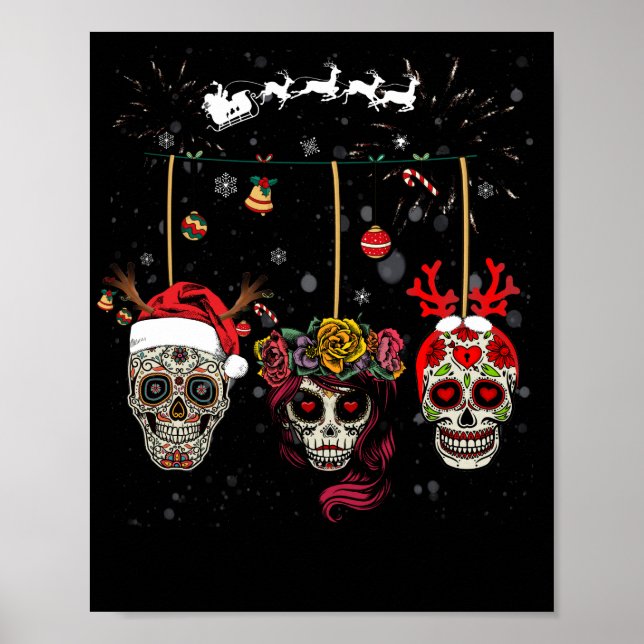 Póster Christmas Mexican Flower Sugar Skull In Snow Xmas (Frente)