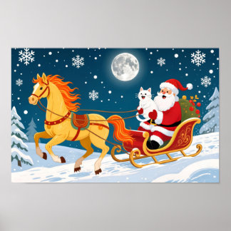Póster Christmas, New Year, Red Horse, Santa & White Cat