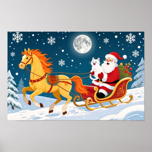 Póster Christmas, New Year, Red Horse, Santa & White Cat (Frente)