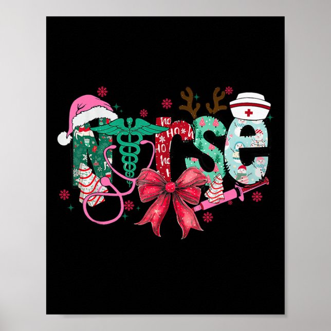 Póster Christmas Nurse Coquette Bow Stethoscope Er Rn Icu (Frente)