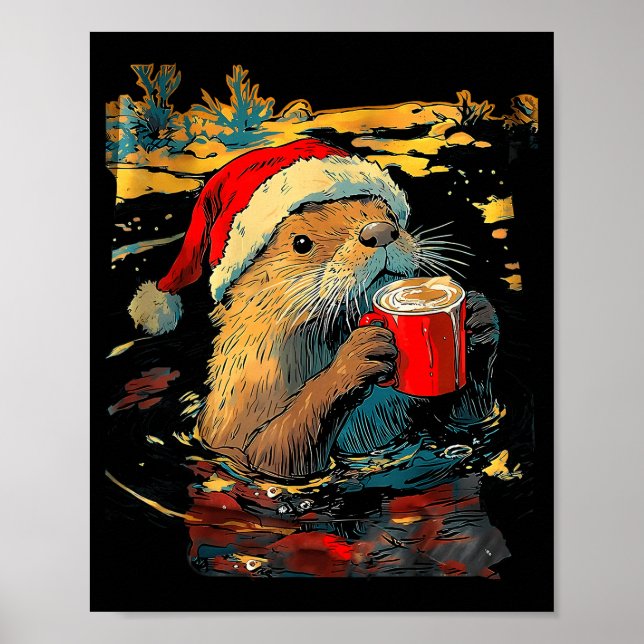 Póster Christmas Otter Drinks Coffee Art Print  (Frente)