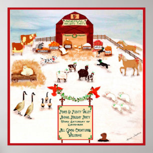 Póster Christmas Party for animals farm folk art dogs