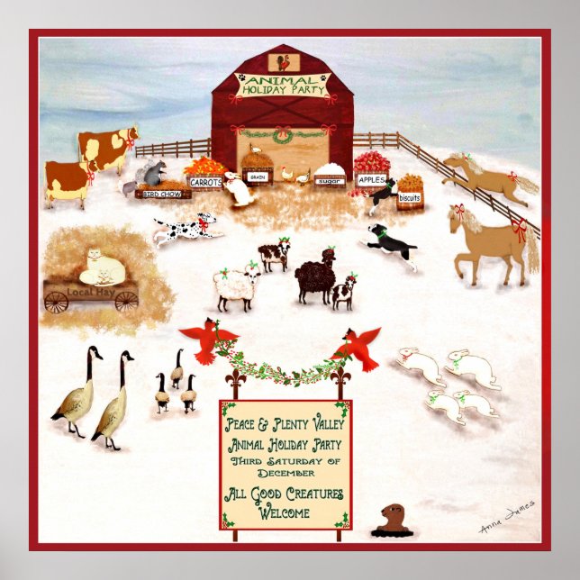 Póster Christmas Party for animals farm folk art dogs (Frente)