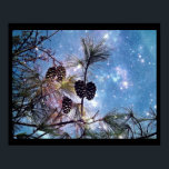 Póster Christmas Pine cones under a starry night sky<br><div class="desc">A beautiful wintery christmas scene. An ethereal magical image with an up close view of a pine tree and its branches with many pine cones grouped together. The night sky is a combination of enchanting blues and purples swirling together with ethereal luminous formations and bright twinkling stars shining up above....</div>