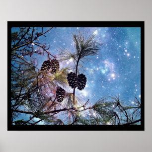 Póster Christmas Pine cones under a starry night sky