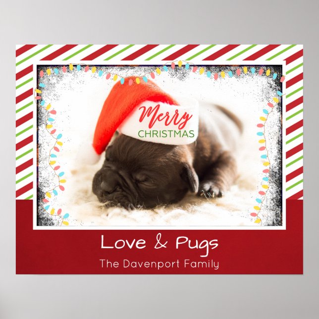 Póster Christmas Pug in Santa Hat with Christmas Lights (Frente)