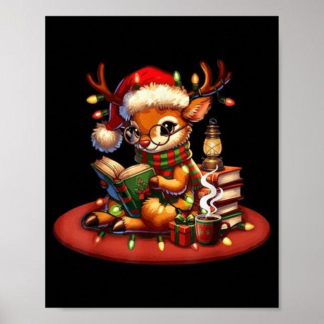 Póster Christmas Reading Book Lovers Bookworm Coffee Rein (Frente)