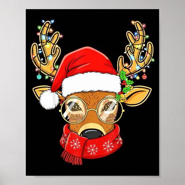 Póster Christmas Reindeer Lights Gles Santa Hat Deer Xmas (Frente)