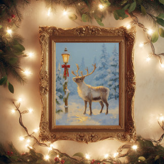 Póster Christmas Reindeer Under the Lamp Light