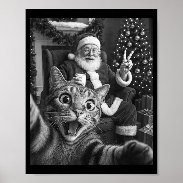 Póster Christmas Santa Claus Merry X-mas Funny Cat Selfie (Frente)