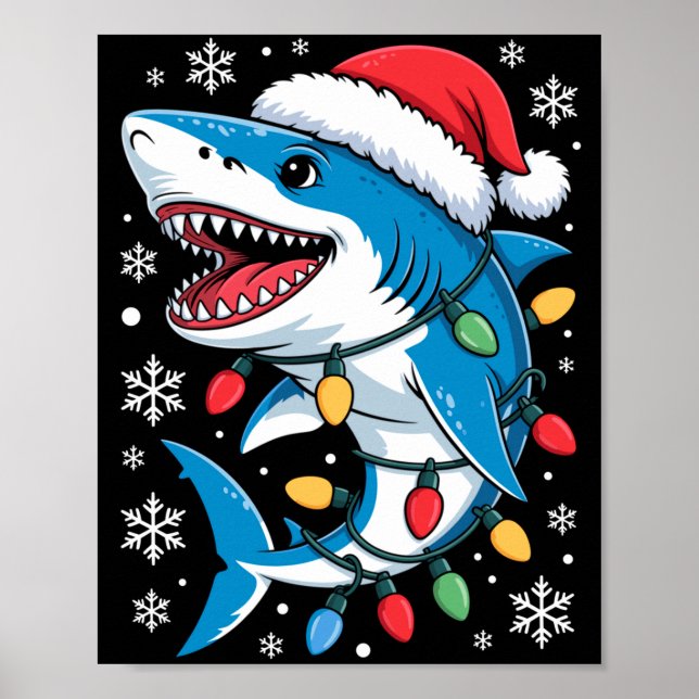 Póster Christmas Shark Santa Hat Wrapped Lights Holiday S (Frente)
