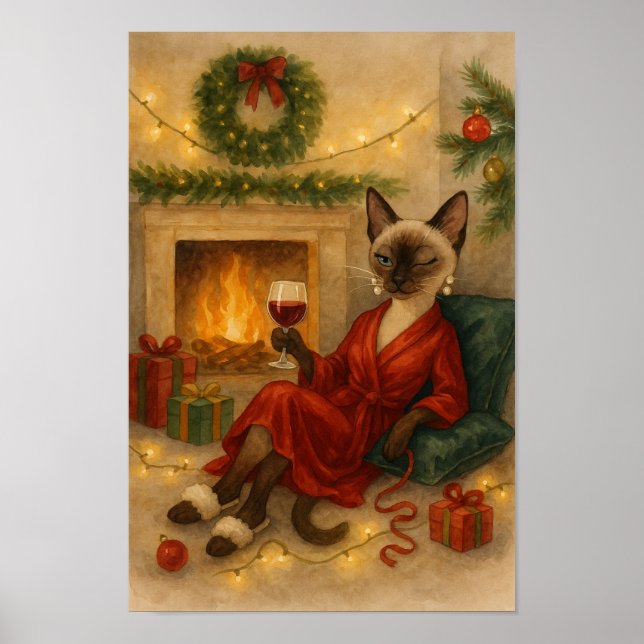Póster Christmas Siamese Cat is celebrating at home (Frente)