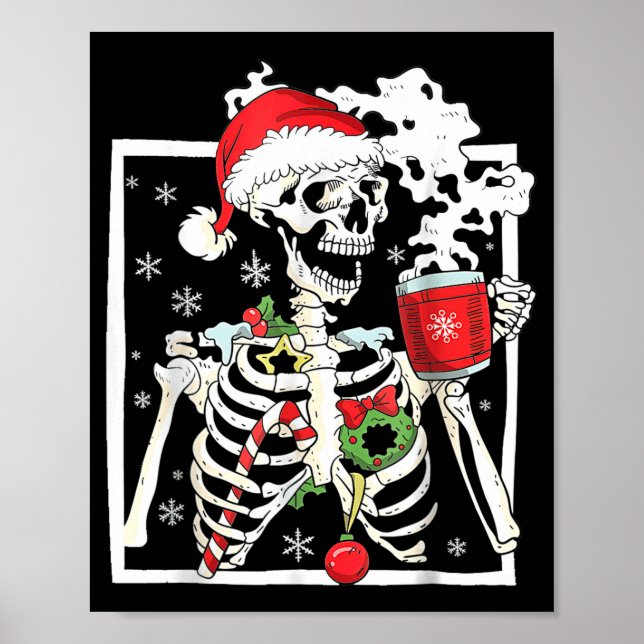 Póster Christmas Skeleton With Smiling Skull Drinking Cof (Frente)