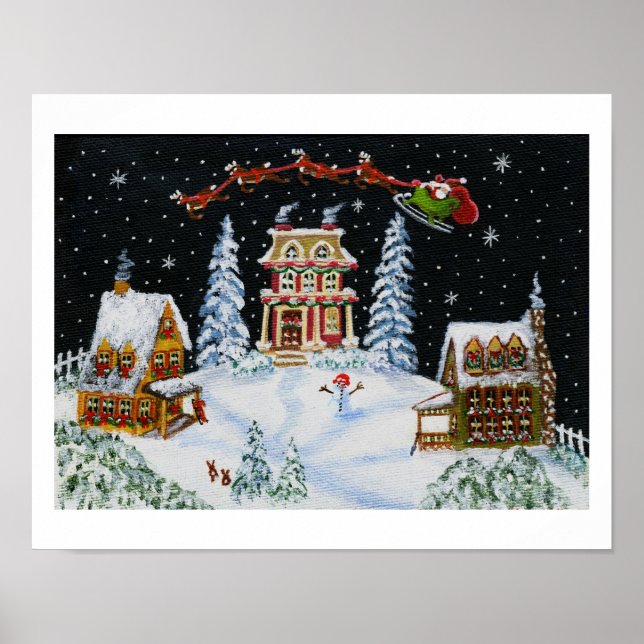 Póster Christmas,snowman,rabbits,Santa,landscape,bunny's (Frente)