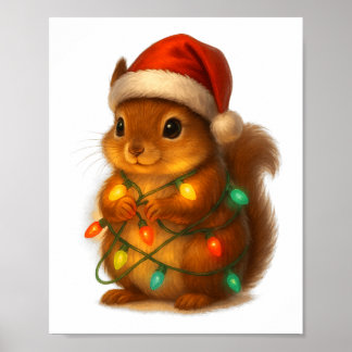 Póster Christmas Squirrel Santa Hat Wrapped In Lights Fun