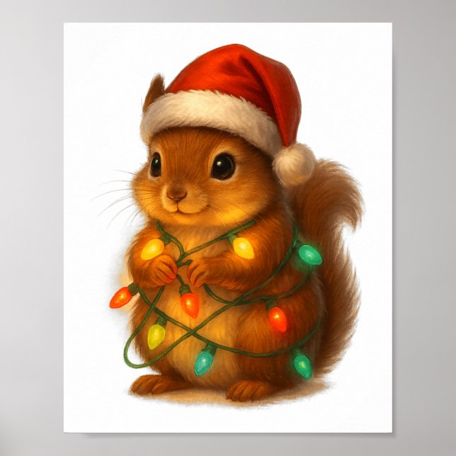Póster Christmas Squirrel Santa Hat Wrapped In Lights Fun (Frente)