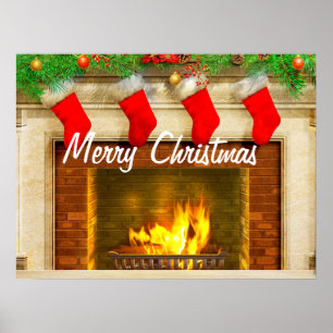 Póster Christmas Stockings and Fireplace Poster Print