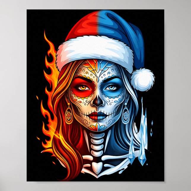 Póster Christmas Sugar Skull Art Woman Santa Hat Fantasy  (Frente)