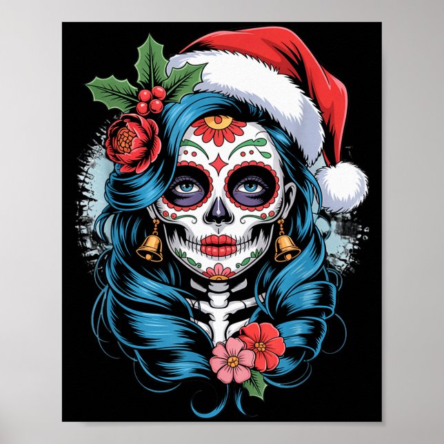Póster Christmas Sugar Skull Art Woman Santa Hat Festive  (Frente)