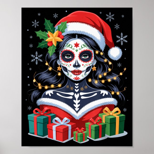 Póster Christmas Sugar Skull Art Woman Santa Hat Festive  (Frente)