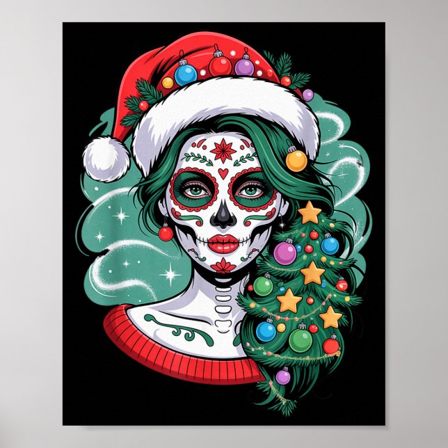 Póster Christmas Sugar Skull Art Woman Santa Hat Festive  (Frente)