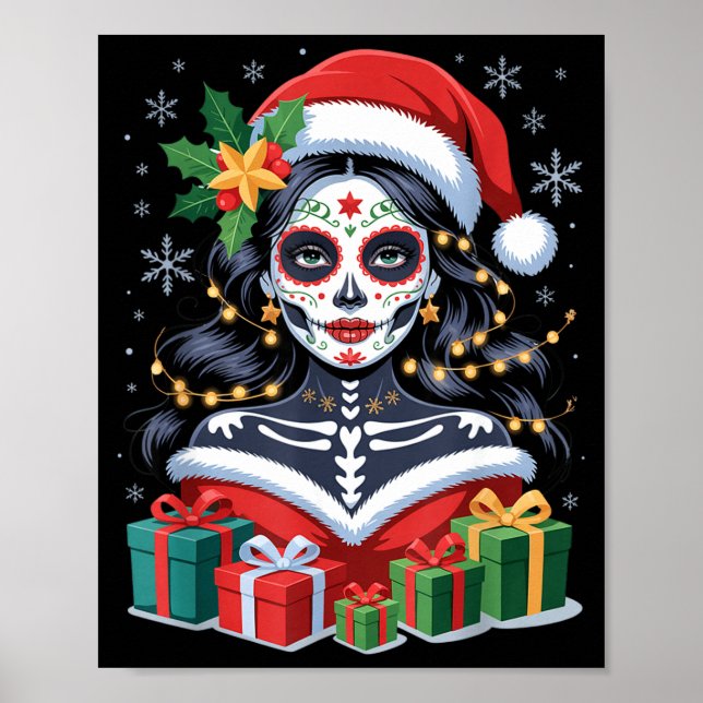 Póster Christmas Sugar Skull Art Woman Santa Hat Festive  (Frente)
