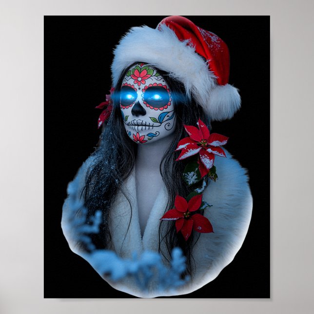 Póster Christmas Sugar Skull Art Woman Santa Hat Festive  (Frente)