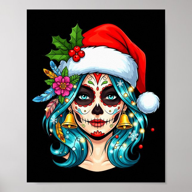 Póster Christmas Sugar Skull Art Woman Santa Hat Festive  (Frente)