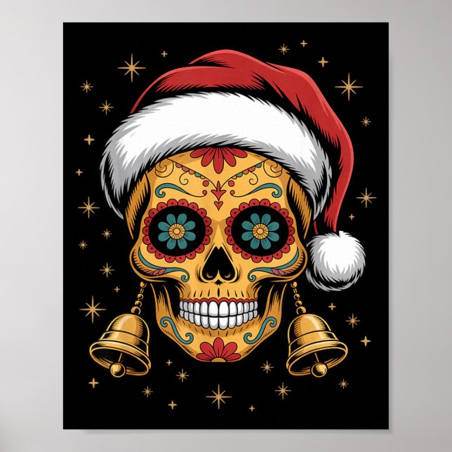 Póster Christmas Sugar Skull Art Woman Santa Hat Festive  (Frente)