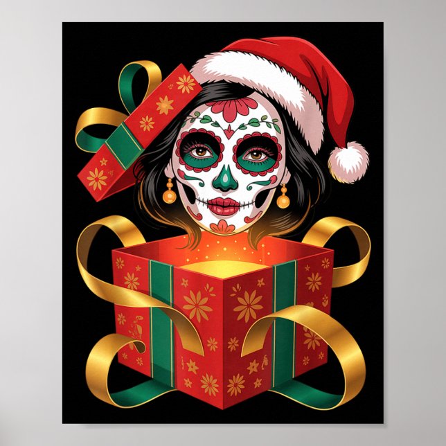 Póster Christmas Sugar Skull Art Woman Santa Hat Festive  (Frente)
