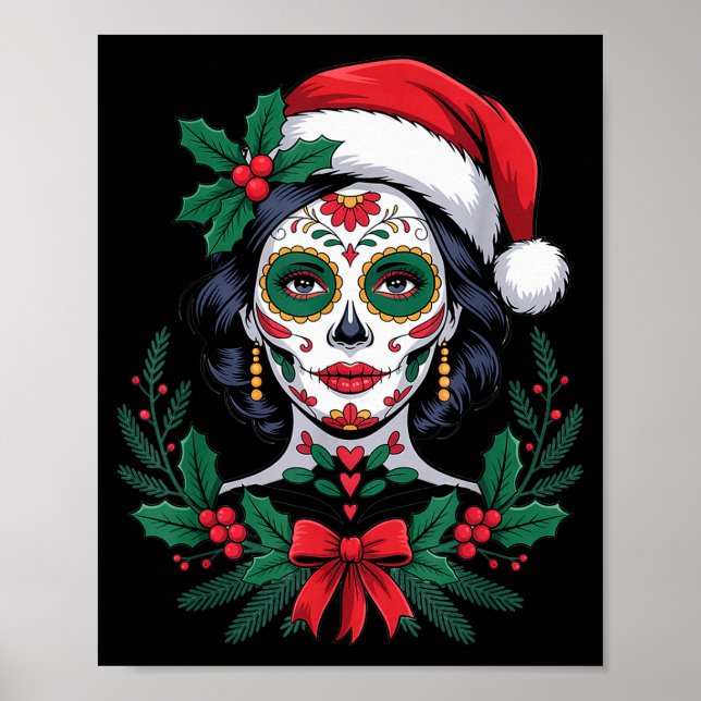Póster Christmas Sugar Skull Art Woman Santa Hat Festive  (Frente)