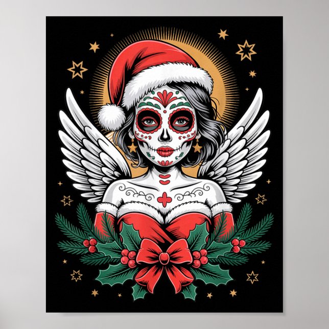 Póster Christmas Sugar Skull Art Woman Santa Hat Festive  (Frente)