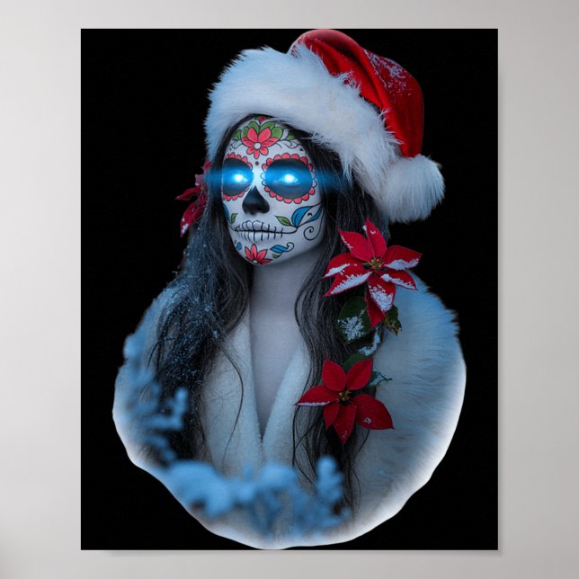 Póster Christmas Sugar Skull Art Woman Santa Hat Festive  (Frente)