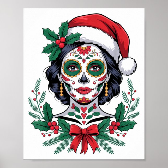 Póster Christmas Sugar Skull Art Woman Santa Hat Festive  (Frente)