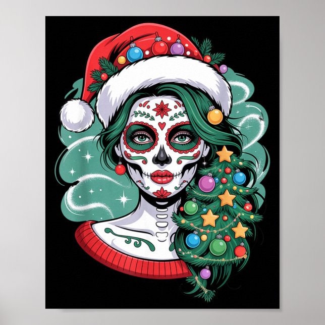 Póster Christmas Sugar Skull Art Woman Santa Hat Festive  (Frente)