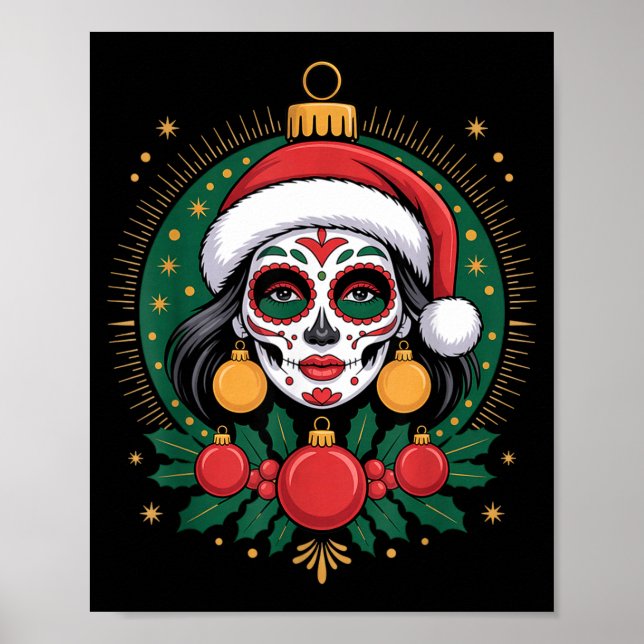 Póster Christmas Sugar Skull Art Woman Santa Hat Festive  (Frente)