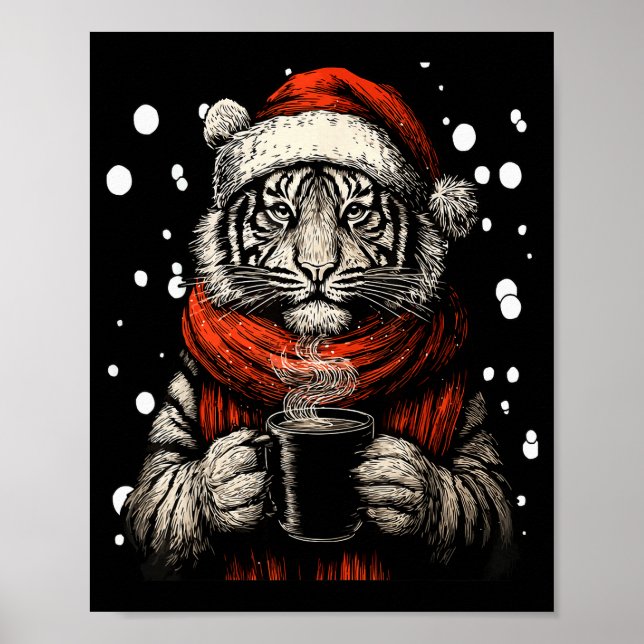 Póster Christmas Tiger With Santa Hat Coffee Lover Funny  (Frente)