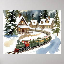 Póster Christmas Train Around Cozy Chalet Village Poster